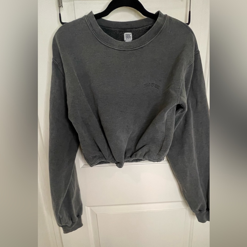 BDG Cropped Crew Neck Sweatshirt | Faded Grey | Size Small | Cinch Waist Detail